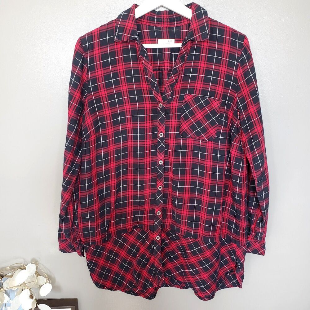 J. Jill Button Up Tunic Top Womens Size Small Red Black Plaid Cotton Layered